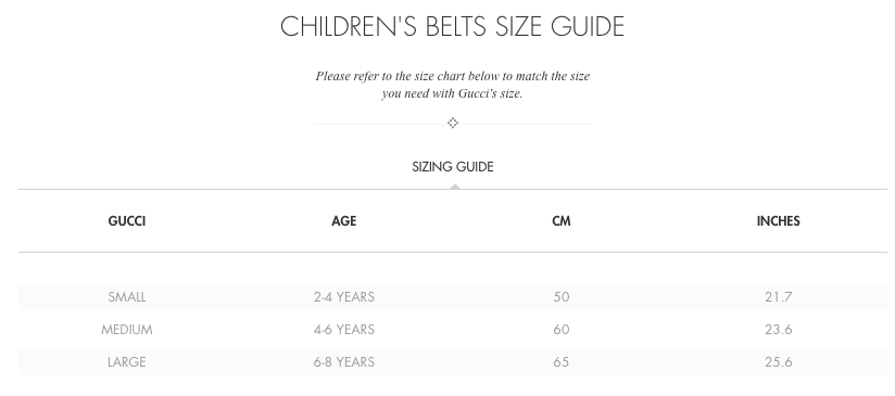 gucci children's belt size chart